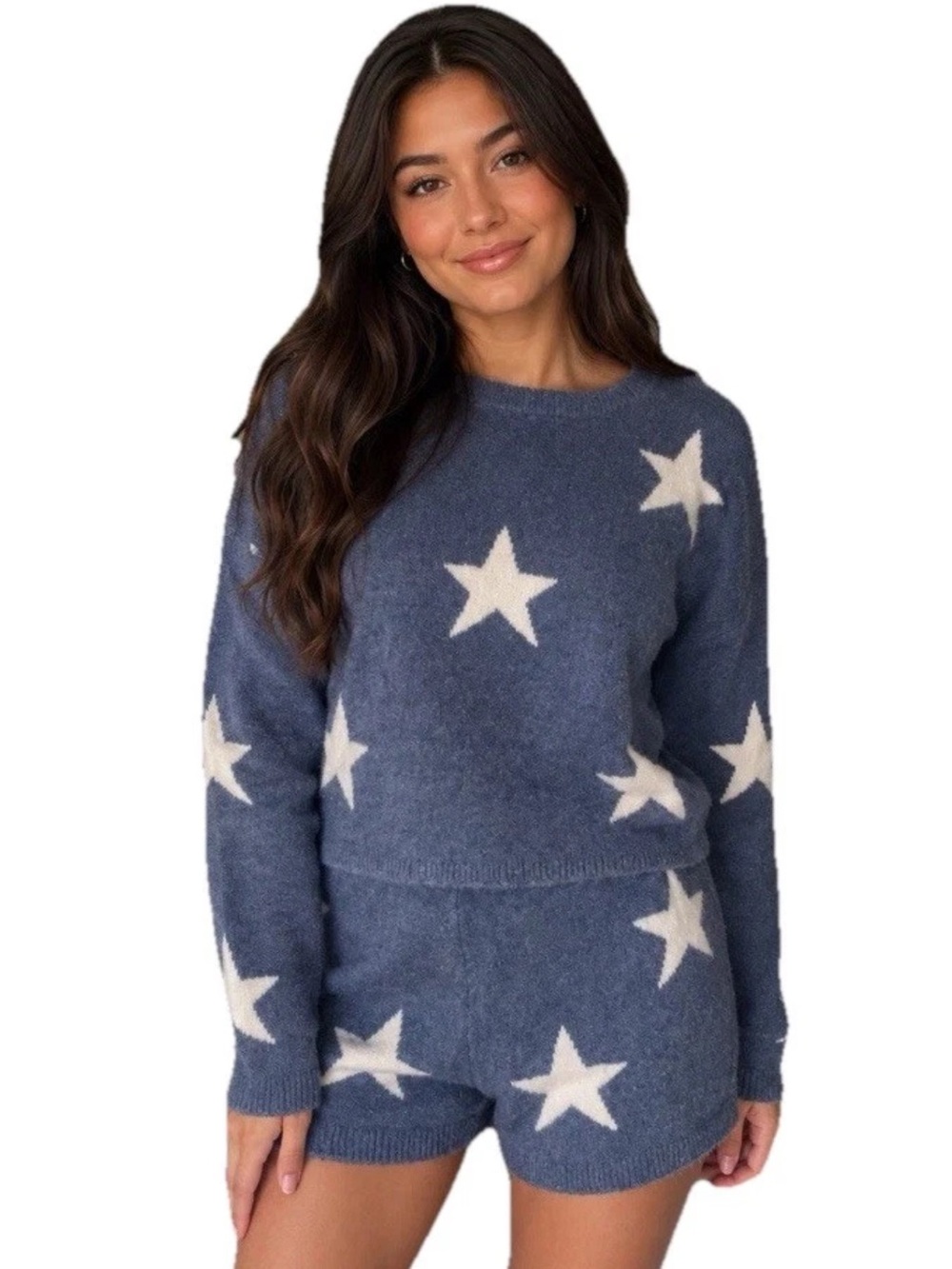 Sincerely Jules Two Piece Matching Fuzzy Knit Lounge Set Blue Stars Sz M Cozy